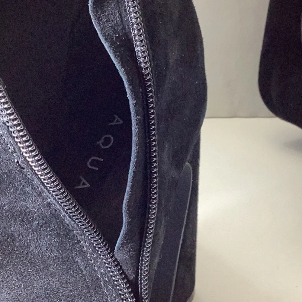 AQUA Womens Black Padded Carie Square Toe Flare Zip-Up Leather Heeled Boots